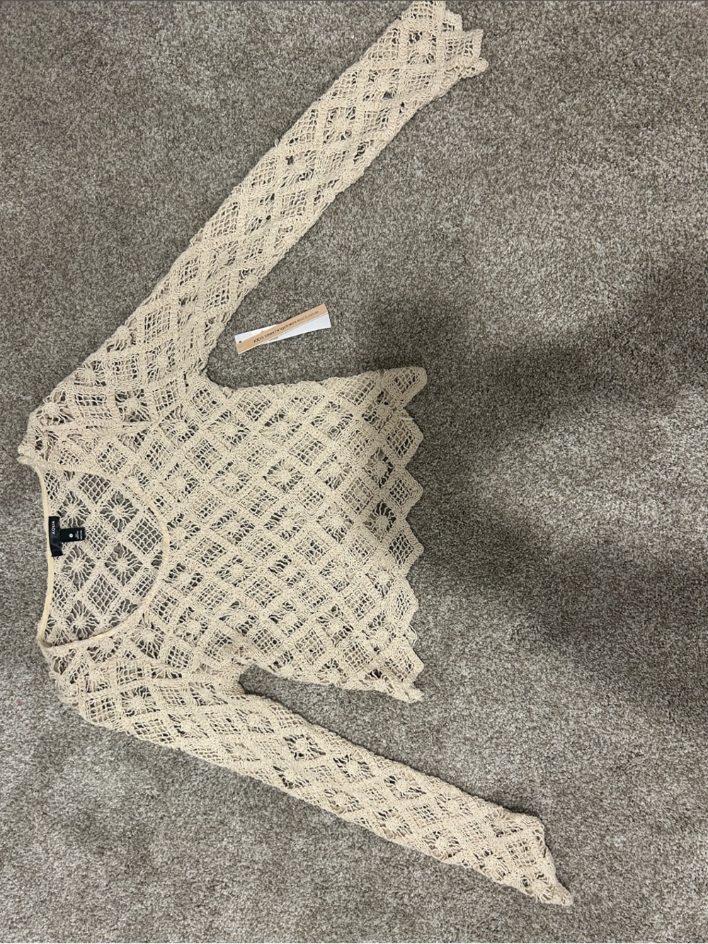 Aqua Crochet Openwork Long Sleeve Top - Cream